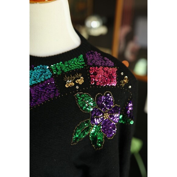 Vintage In Charge Black Floral Sequin Sweater Lambswool Angora Medium 80s - Picture 6 of 11